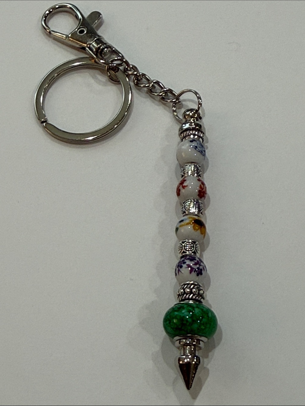 Ceramic-Floral Beaded Charm Keychain with Green Accent